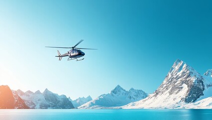 Fototapeta na wymiar Helicopter flying over snow-capped mountains and turquoise water under a clear blue sky.