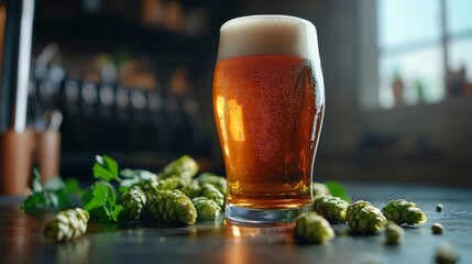 A Glass of Beer Rests Near Fresh Hops