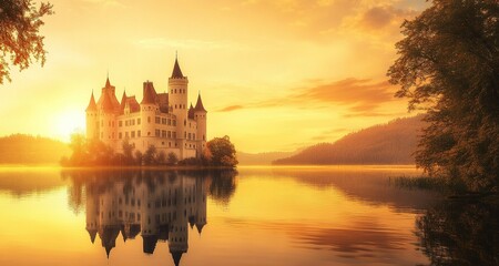 Obraz premium A majestic castle bathed in the golden glow of a setting sun, reflected perfectly in the calm waters of the lake. The warm, ideal for romantic or historical projects.