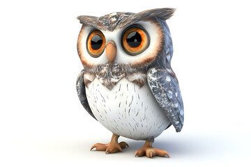 Fototapeta premium owl on a white background, owl on a blank white background, a owl, owl, cute owl, white background, copy space for add text, 3d rendering, 3d, vector, AI generative