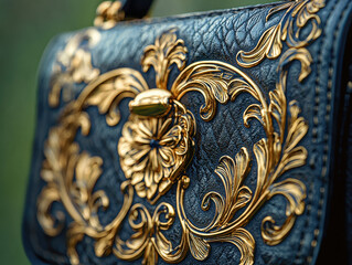 Close-up of a luxurious designer handbag showcasing intricate golden detailing and a cinematic aesthetic in a symmetrical framing