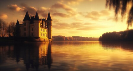 Obraz premium A majestic castle bathed in the golden glow of a setting sun, reflected perfectly in the calm waters of the lake. The warm, ideal for romantic or historical projects.
