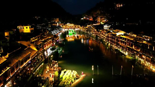Fenghuang, Tuojiang River, Night lights, China