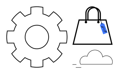 Gear icon, shopping bag with blue price tag, and cloud shape. Ideal for e-commerce, online shopping, cloud computing, technology, smart retail digital services innovation. Abstract line flat