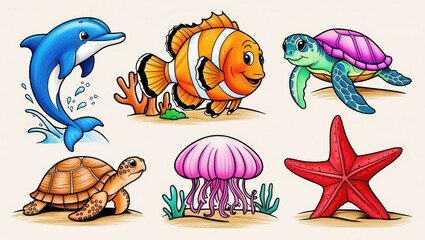 Obraz premium Adorable Cartoon Sea Creatures Dolphin Clownfish Sea Turtles Jellyfish Starfish Illustration
