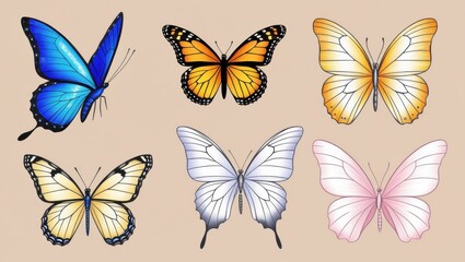 Obraz premium Collection of Six Colorful Butterfly Illustrations Drawn in Colored Pencil Nature Insects Wings