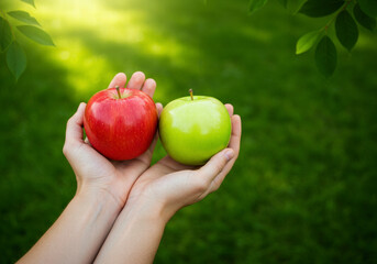 Hands Holding Fresh Red and Green Apples on a Green Grass Background, Perfect for a Healthy and Refreshing Concept with Copy Space
