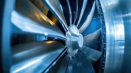 Close-up of a large industrial turbine blade showcasing engineering design.