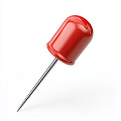 Classic red push pin with a sharp metal tip and glossy plastic head, isolated on a clean white background