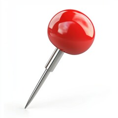 Classic red push pin with a sharp metal tip and glossy plastic head, isolated on a clean white background