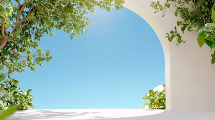 Obraz premium Sunny day through architectural arch with lush green foliage and clear blue sky