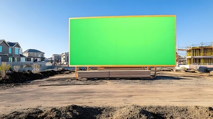 A blank green billboard stands in a construction area, ready for advertisement.