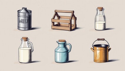 Vintage Milk Bottle Jug Can and Crate Illustration Set Rustic Dairy Farm Imagery