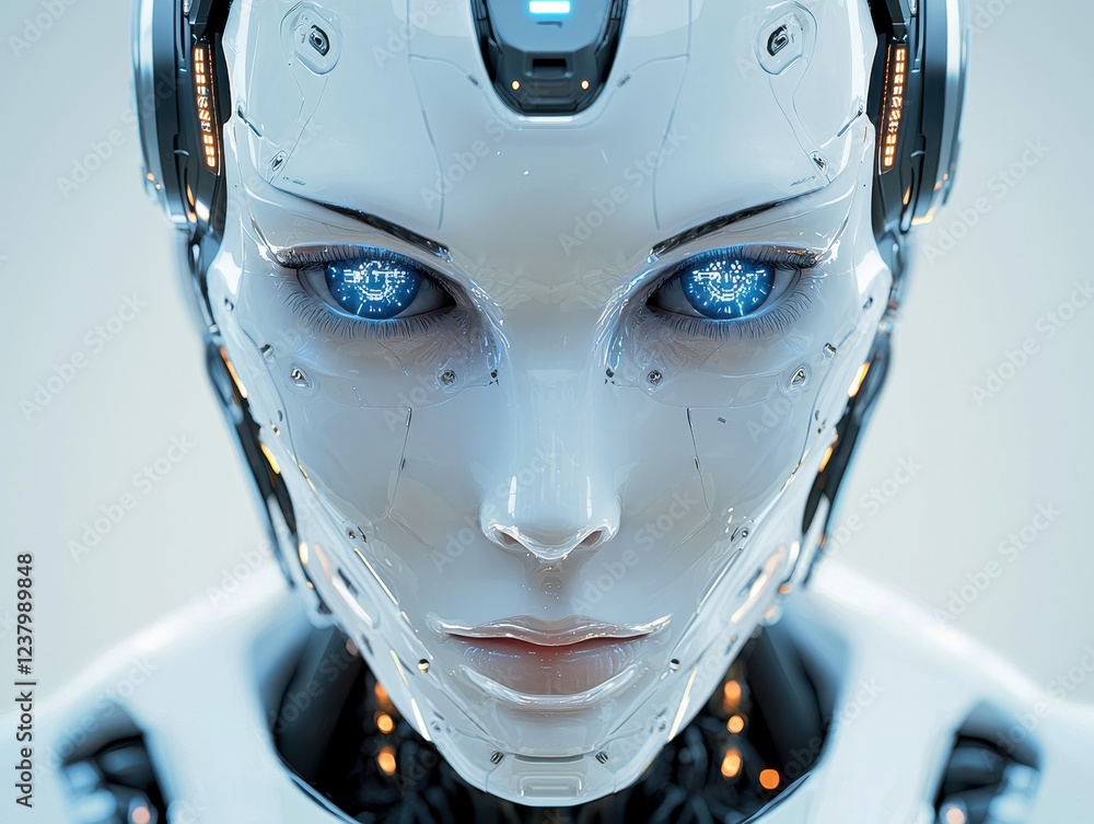 Poster close-up view of a humanoid ai robot with synthetic skin, featuring high-tech details and a cinemati
