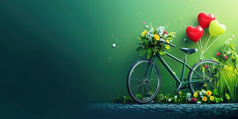 Colorful bicycle with flowers and balloons in a vibrant green garden setting during daylight hours