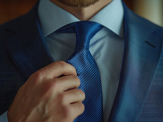 Close-up of a man adjusting a luxury silk tie in a professional setting, showcasing meticulous attention to detail and refined style