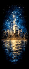 Fototapeta premium A city skyline is reflected in the water. The city is lit up at night, creating a beautiful and serene atmosphere