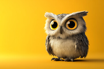 Fototapeta premium owl on a yellow background, owl on a blank yellow background, a owl, owl, cute owl, yellow background, copy space for add text, 3d rendering, 3d, vector, AI generative