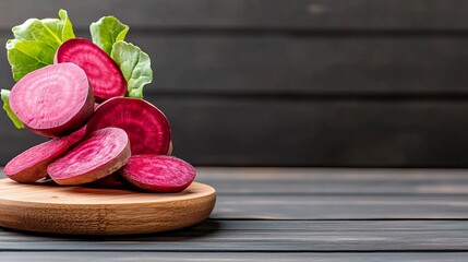 Fresh sliced red beets on wooden board with green leaves on dark background