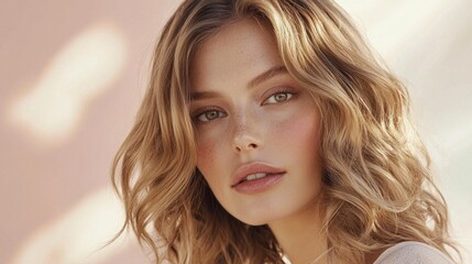 Naklejka premium A woman with soft honey blonde hair gazes softly into the distance, illuminated by warm sunlight. She embodies tranquility and beauty amidst a picturesque outdoor setting