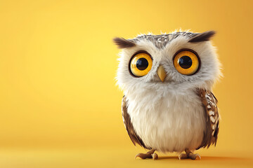 Obraz premium owl on a yellow background, owl on a blank yellow background, a owl, owl, cute owl, yellow background, copy space for add text, 3d rendering, 3d, vector, AI generative