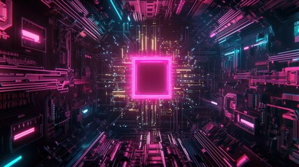 Obraz premium Close-up of a microchip circuit with neon lights