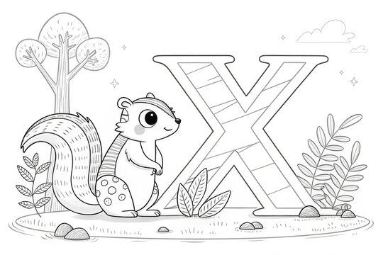 Cute cartoon xerus next to a large letter X in a nature scene. outline for coloring.