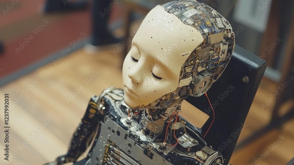 Aufkleber A sleek humanoid robot sits peacefully, reflecting advanced artificial intelligence capabilities. Its intricate structure reveals complex circuitry, hinting at groundbreaking innovations