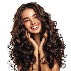 Beauty brunette laughing young woman with long shiny curly hair, Beautiful happy woman model posing wavy hairstyle, Cosmetology, cosmetics and make-up, isolated on white background, png