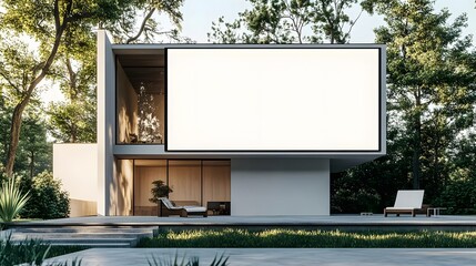 Fototapeta premium Modern house with a large blank screen, surrounded by greenery and outdoor seating.