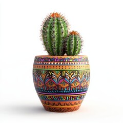 colorful clay pot with intricate patterns and a small cactus inside, centered on a clean white background