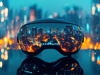 Close-up view of a virtual reality headset reflecting a bright futuristic city skyline at night with cinematic flair and symmetrical details