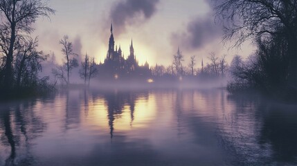 Fototapeta premium A castle barely visible through the light mist of early morning, The quiet, mystical atmosphere hints at untold secrets and hidden stories, perfect for mysterious or magical settings.