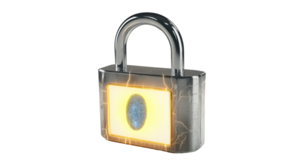 Padlock with fingerprint scanner emitting light on transparent background