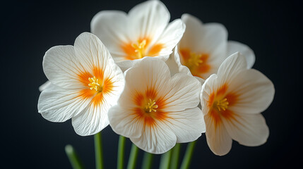 Fototapeta premium White oxalis flowers with yellow centers against dark background showing delicate petals. Elegant floral arrangement in natural light