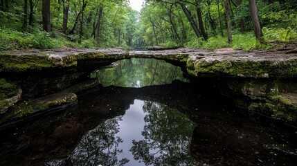 Obraz premium Serene forest stream flowing under natural stone bridge