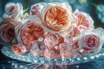 National Jewel Day. Elegant arrangement of roses and gemstones in soft tones.