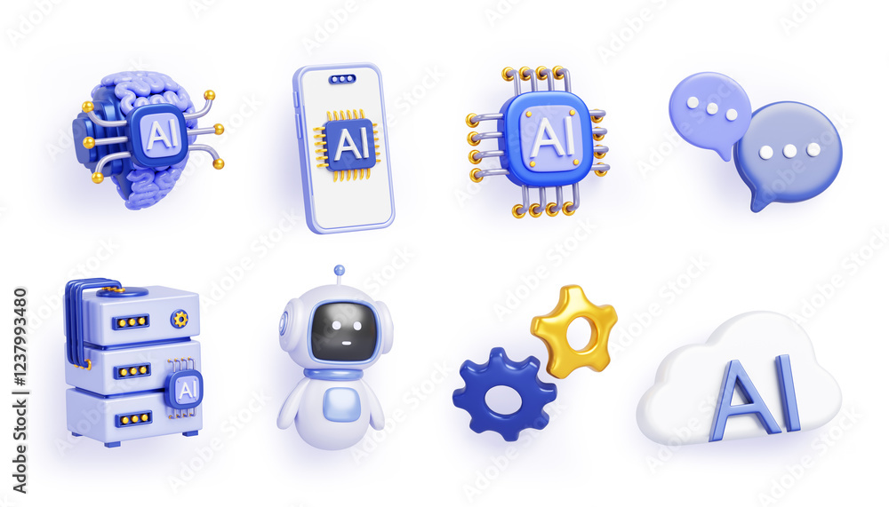 Poster ai technology cartoon 3d render icon set. artificial intelligence robot bot character, computer serv