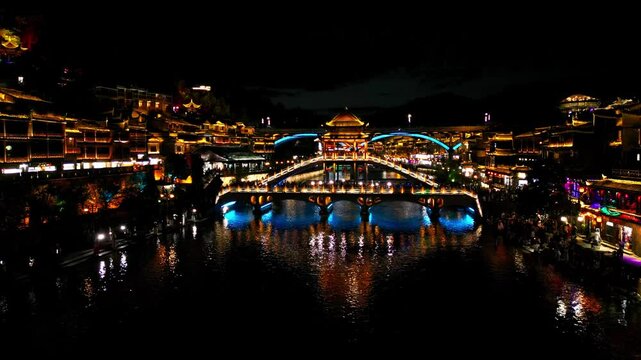 Fenghuang, Tuojiang River, Night lights, China