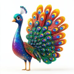 Colorful peacock spreading its vibrant feathers, placed on a bright white background