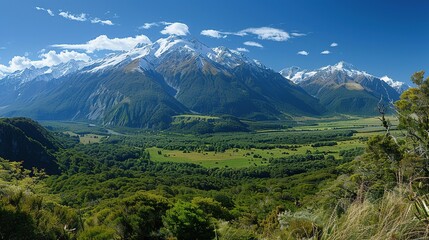 Naklejka premium Majestic Snow capped Mountains Lush Green Valley Landscape