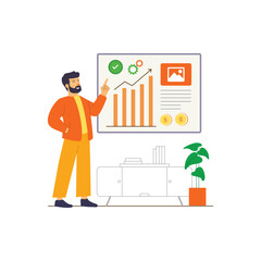 businessman presents data on a large digital screen