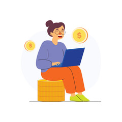 crowdfunding illustration with character sitting on a pile of coins with a laptop