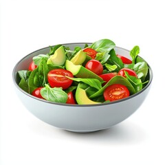 Colorful salad bowl with fresh greens, cherry tomatoes, and avocado, isolated on a clean white background