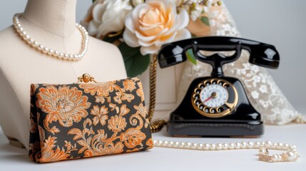 National Skirt Day. Elegant mannequin adorned with lace fabric and pearl necklace beside a vintage telephone.