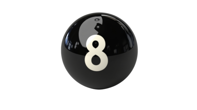 Black eight ball on transparent background showing number eight