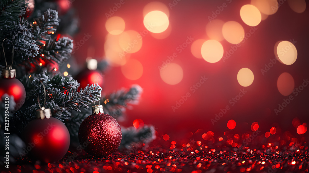 Poster christmas tree adorned with ornaments and bokeh lights set against a red backdrop.