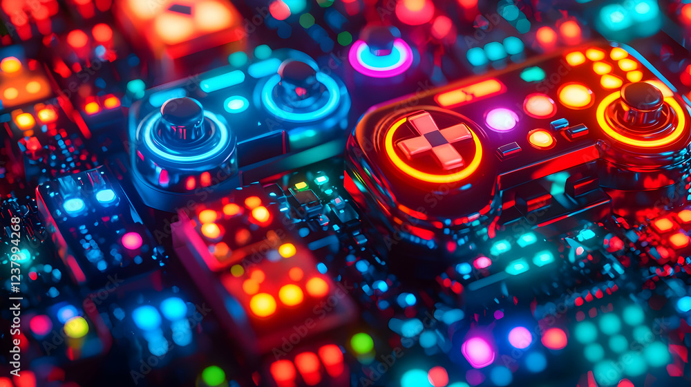 Poster glowing game controllers on circuit board