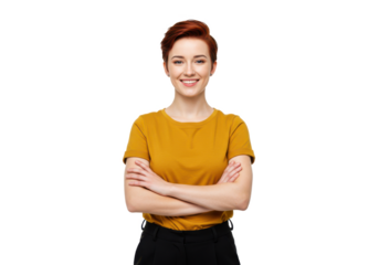 A young woman with short red hair, wearing a mustard yellow shirt and black trousers, standing with arms crossed and smiling confidently