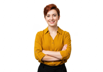 A young woman with short red hair, wearing a mustard yellow shirt and black trousers, standing with arms crossed and smiling confidently